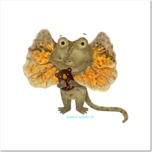 Cute Frilled Neck Lizard with Teddy Bear Posters and Art